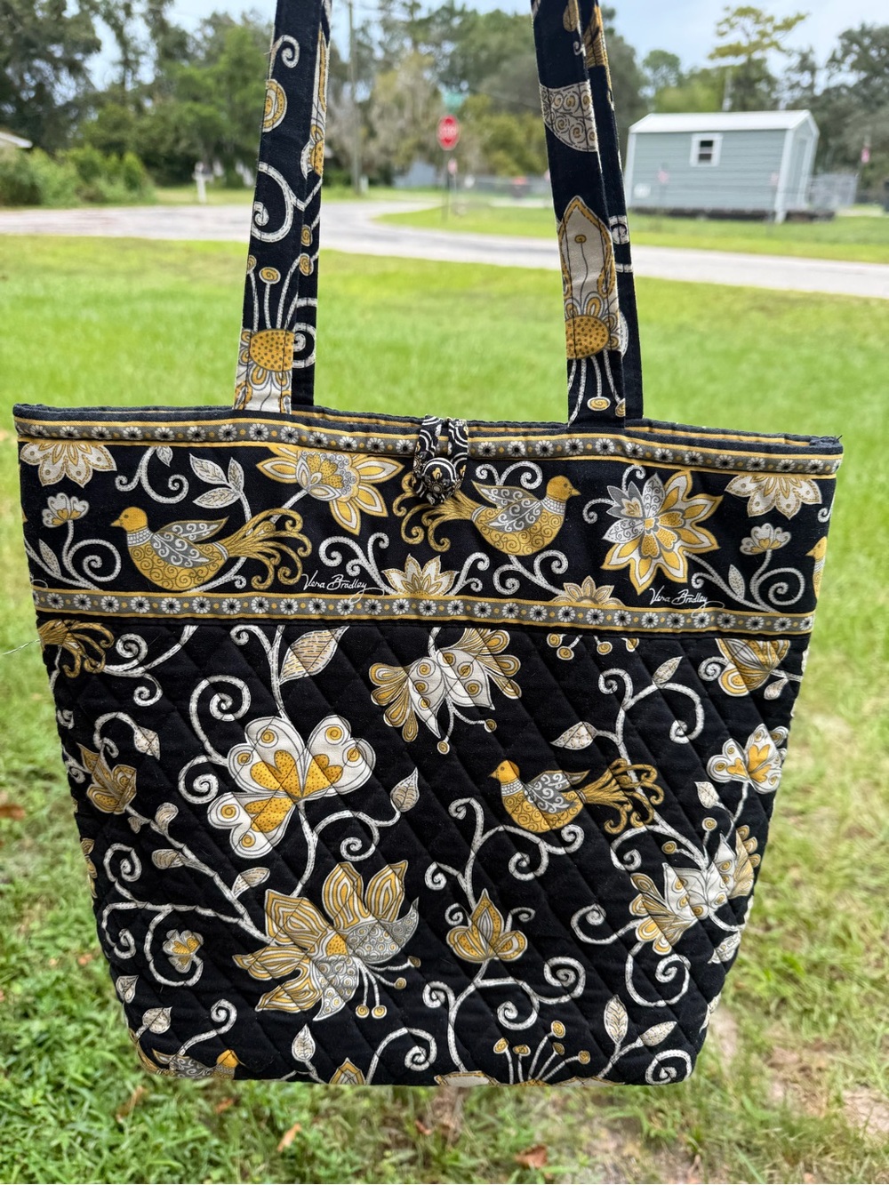 Vera Bradley Black, Gold & Cream Quilted Floral Bird Tote